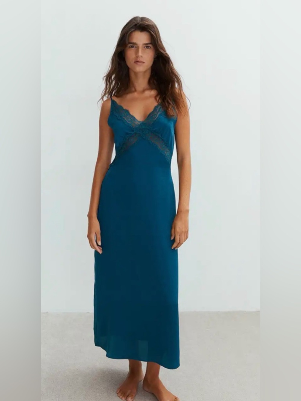 Teal Lace-Trim Satin Slip MIDI Dress